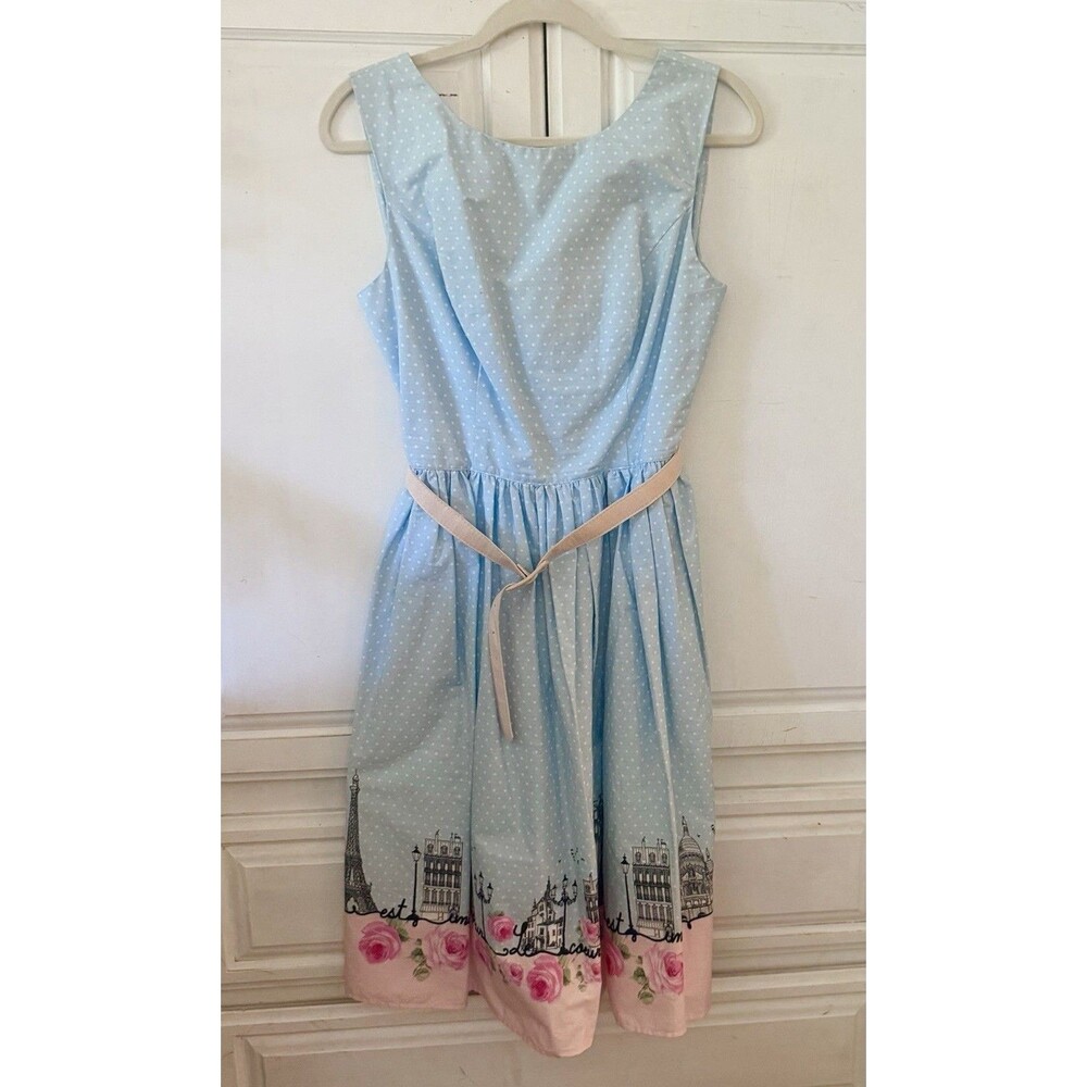 Hell Bunny Retro Blue & Pink Polka Dot Paris Dress 50's Unique Vintage Sz. Med